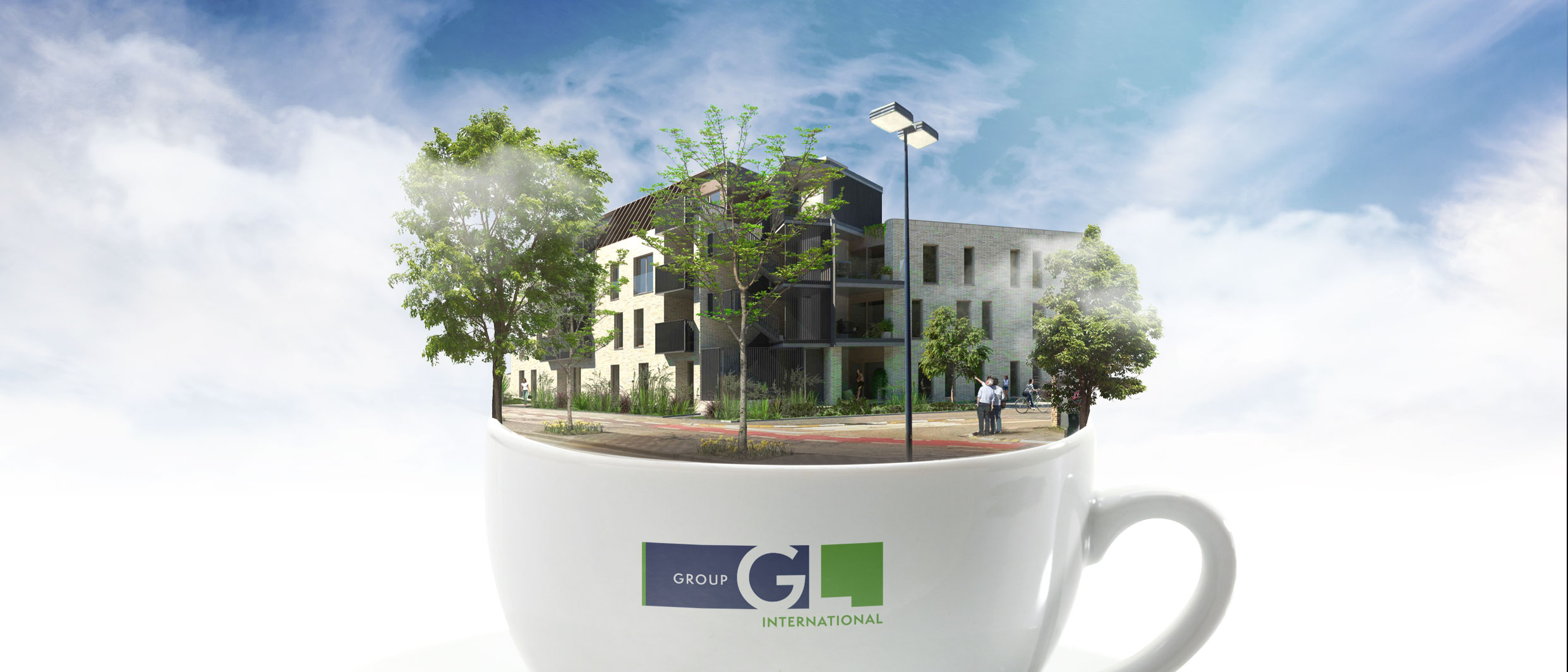 Kopje met het logo van Group GL. Uit het kopje komt een render van residentie Louah.